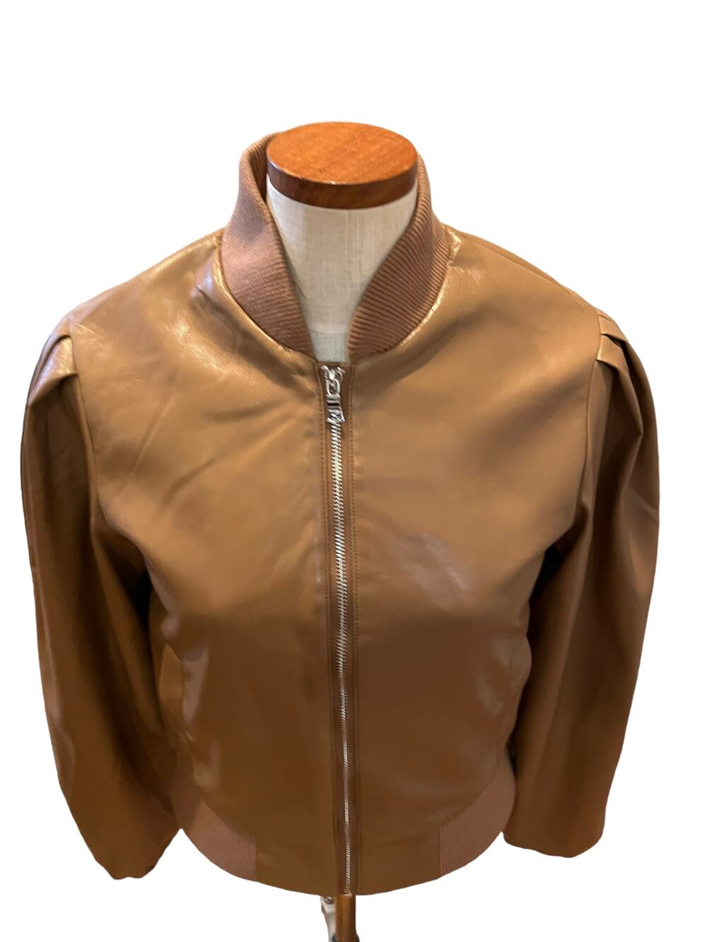 House of Harlow 1960 Faux Leather Puff Sleeve Bomber Jacket Mocha Brown S